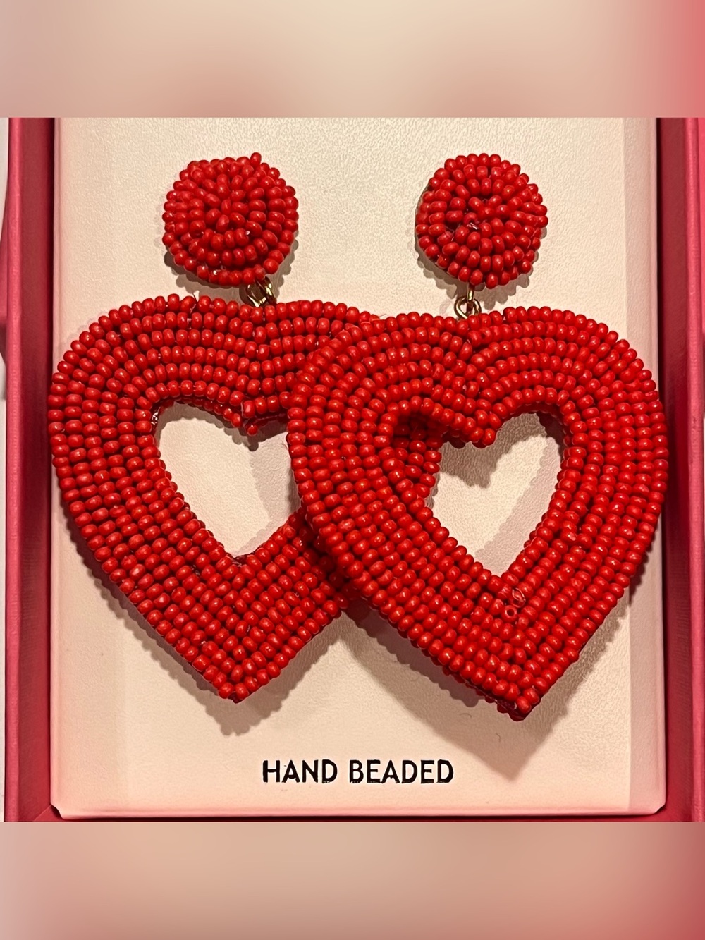 New Piper K Red Hand Beaded Heart Drop Earrings Seed beads